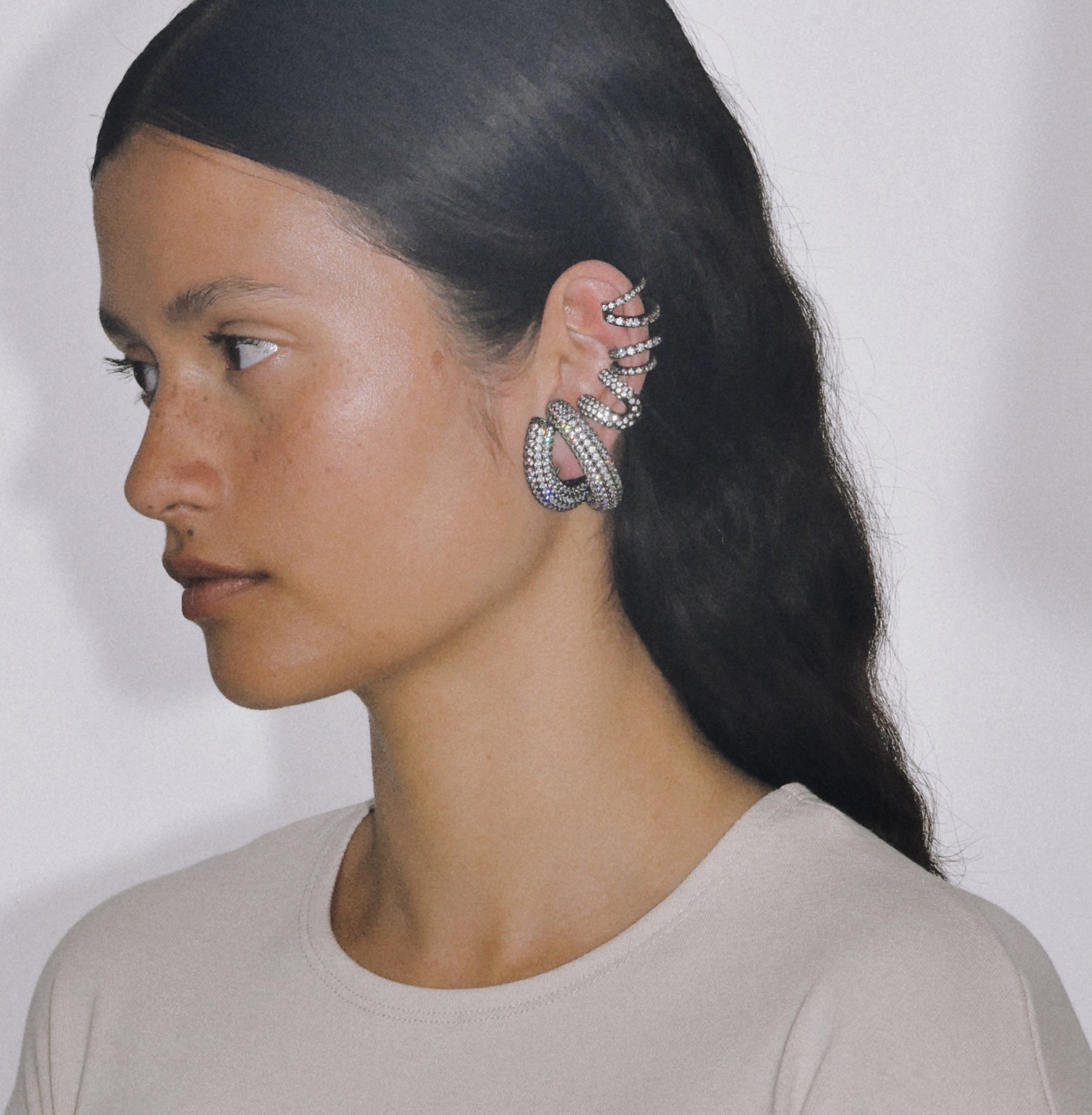 Half Moon Crystal Hoops Gunmetal
